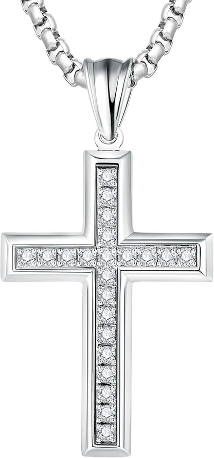 Cross Necklace for Men Stainless Steel Crucifix Pendant Silver White Gold Yellow Black Jesus Christ Plain Simple Women Fine Jewelry Gifts, 24 Inches Rolo Chain, Zirconia, Polished, Rope - WORLD TIME VISITS