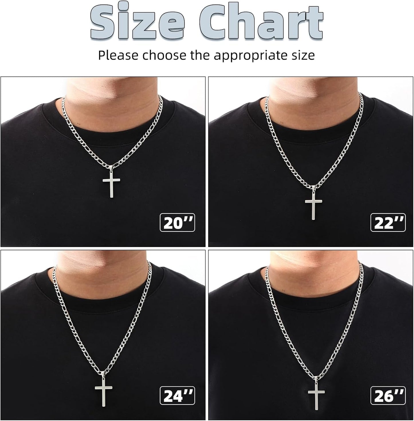 Cross Necklace for Men - Stainless Steel Silver/Gold Plain Cross Pendant Necklace Simple Jewelry Gifts, 20/22/24/26 Inches 3:1 Figaro Link Chain 4/5/6Mm Width