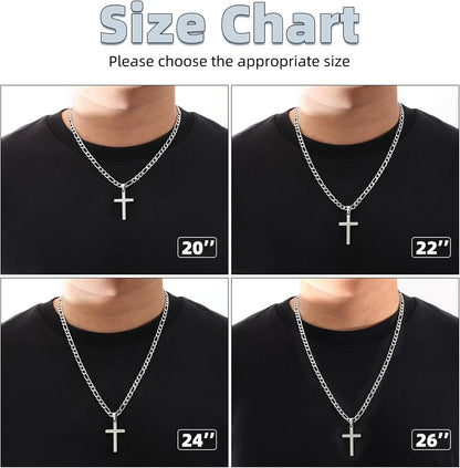 Cross Necklace for Men - Stainless Steel Silver/Gold Plain Cross Pendant Necklace Simple Jewelry Gifts, 20/22/24/26 Inches 3:1 Figaro Link Chain 4/5/6Mm Width