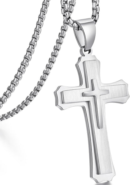 Cross Necklace for Men Surgical Steel Mens Cross Necklace 316L Stainless Steel Cross Pendant Necklace in Color Silver/Black/, Nickel Free Steel Cross Necklaces Chain 22In - 26In - WORLD TIME VISITS
