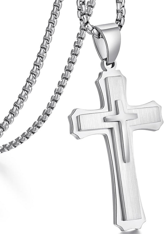 Cross Necklace for Men Surgical Steel Mens Cross Necklace 316L Stainless Steel Cross Pendant Necklace in Color Silver/Black/, Nickel Free Steel Cross Necklaces Chain 22In - 26In - WORLD TIME VISITS