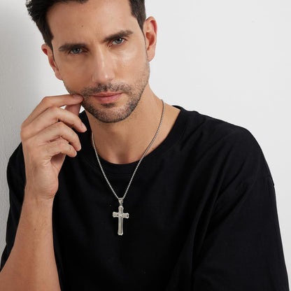 Cross Necklace for Men Surgical Steel Mens Cross Necklace 316L Stainless Steel Cross Pendant Necklace in Color Silver/Black/, Nickel Free Steel Cross Necklaces Chain 22In-26In