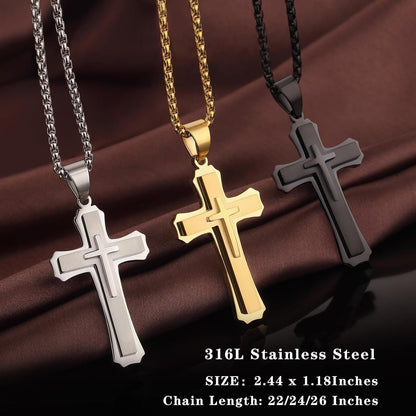 Cross Necklace for Men Surgical Steel Mens Cross Necklace 316L Stainless Steel Cross Pendant Necklace in Color Silver/Black/, Nickel Free Steel Cross Necklaces Chain 22In-26In