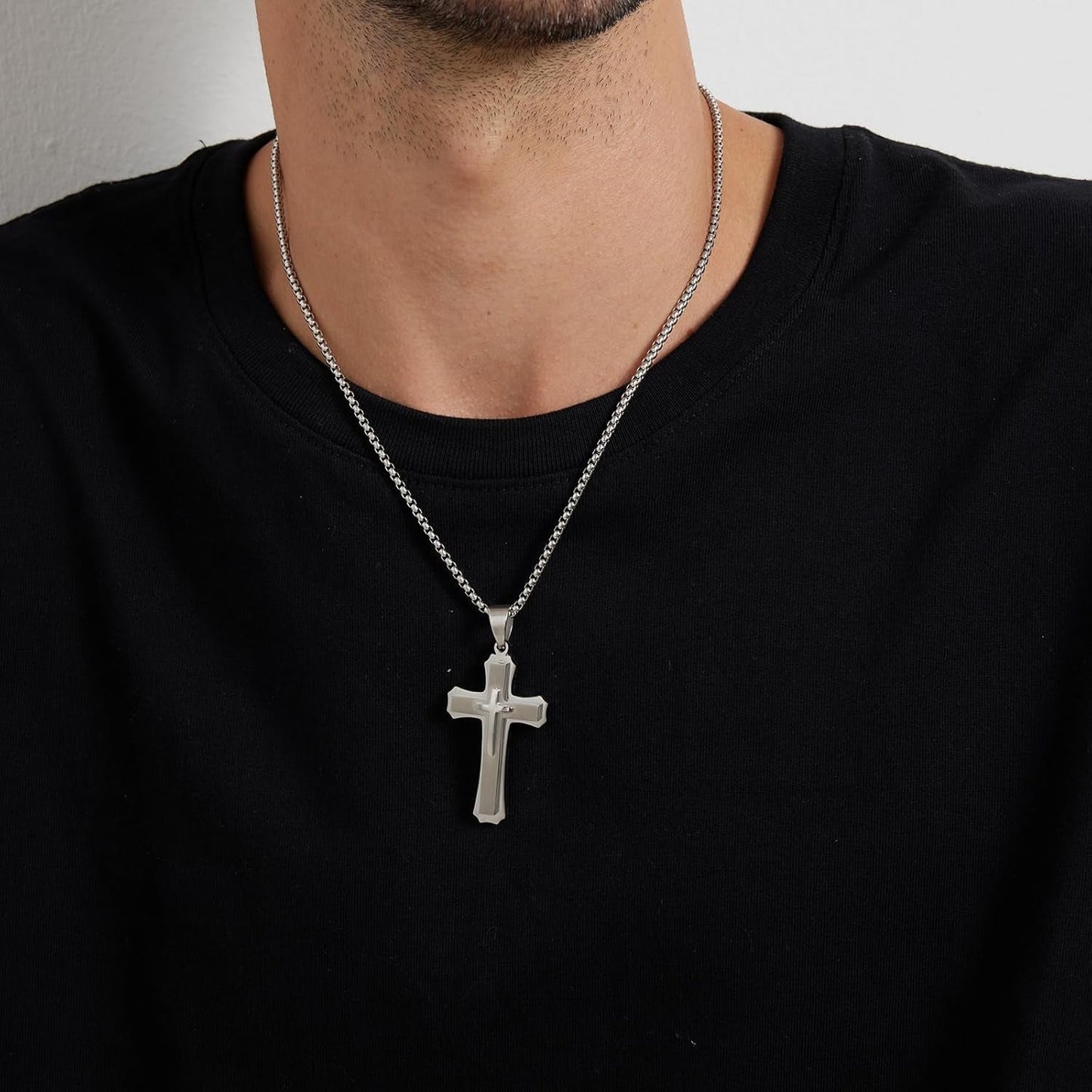 Cross Necklace for Men Surgical Steel Mens Cross Necklace 316L Stainless Steel Cross Pendant Necklace in Color Silver/Black/, Nickel Free Steel Cross Necklaces Chain 22In-26In