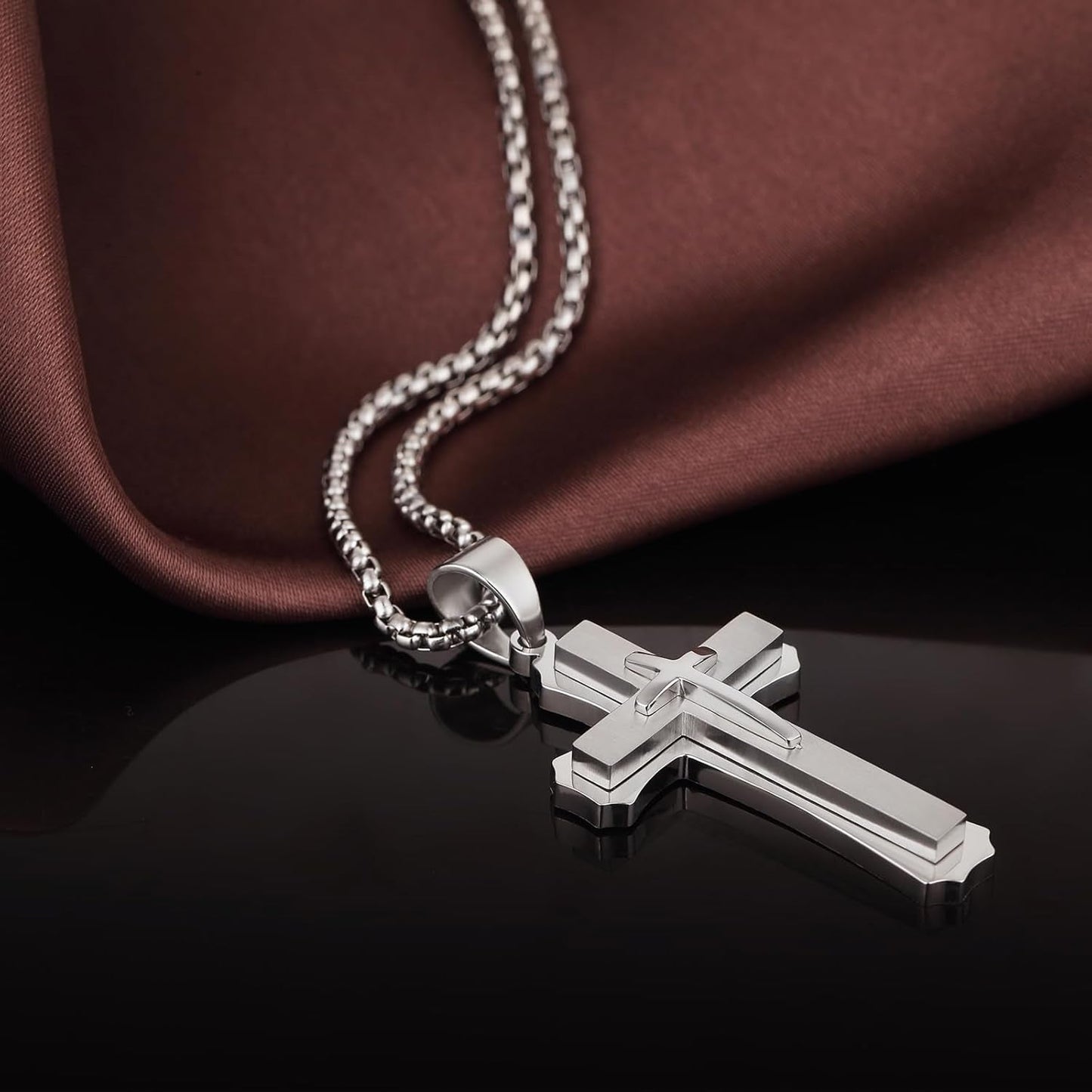 Cross Necklace for Men Surgical Steel Mens Cross Necklace 316L Stainless Steel Cross Pendant Necklace in Color Silver/Black/, Nickel Free Steel Cross Necklaces Chain 22In-26In