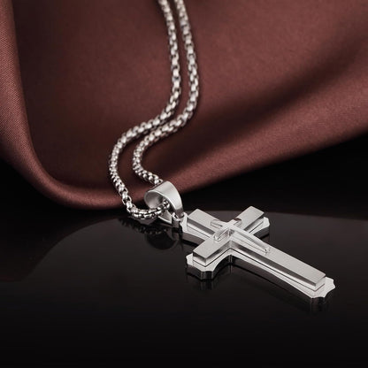 Cross Necklace for Men Surgical Steel Mens Cross Necklace 316L Stainless Steel Cross Pendant Necklace in Color Silver/Black/, Nickel Free Steel Cross Necklaces Chain 22In-26In