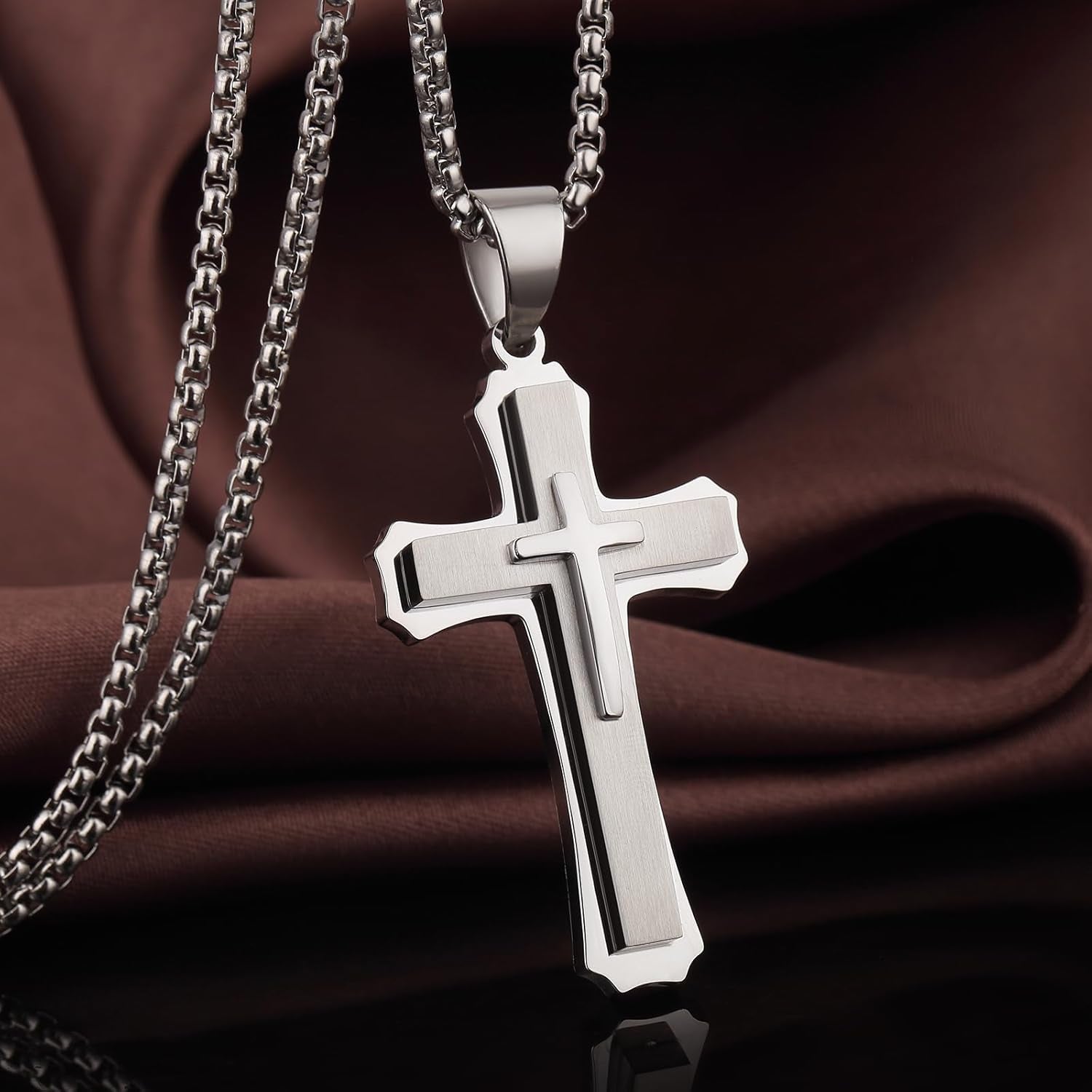 Cross Necklace for Men Surgical Steel Mens Cross Necklace 316L Stainless Steel Cross Pendant Necklace in Color Silver/Black/, Nickel Free Steel Cross Necklaces Chain 22In - 26In - WORLD TIME VISITS