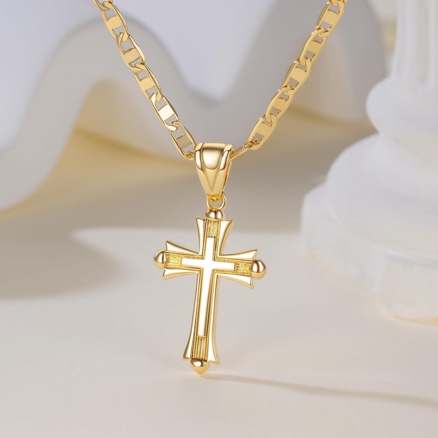 Cross Necklace for Women 14K Gold Cross Necklaces for Women Double Cross Pendant Gold Cross Chain Non-Tarnish Cross Jewelry Womens Gifts 48Cm Mariner Chain