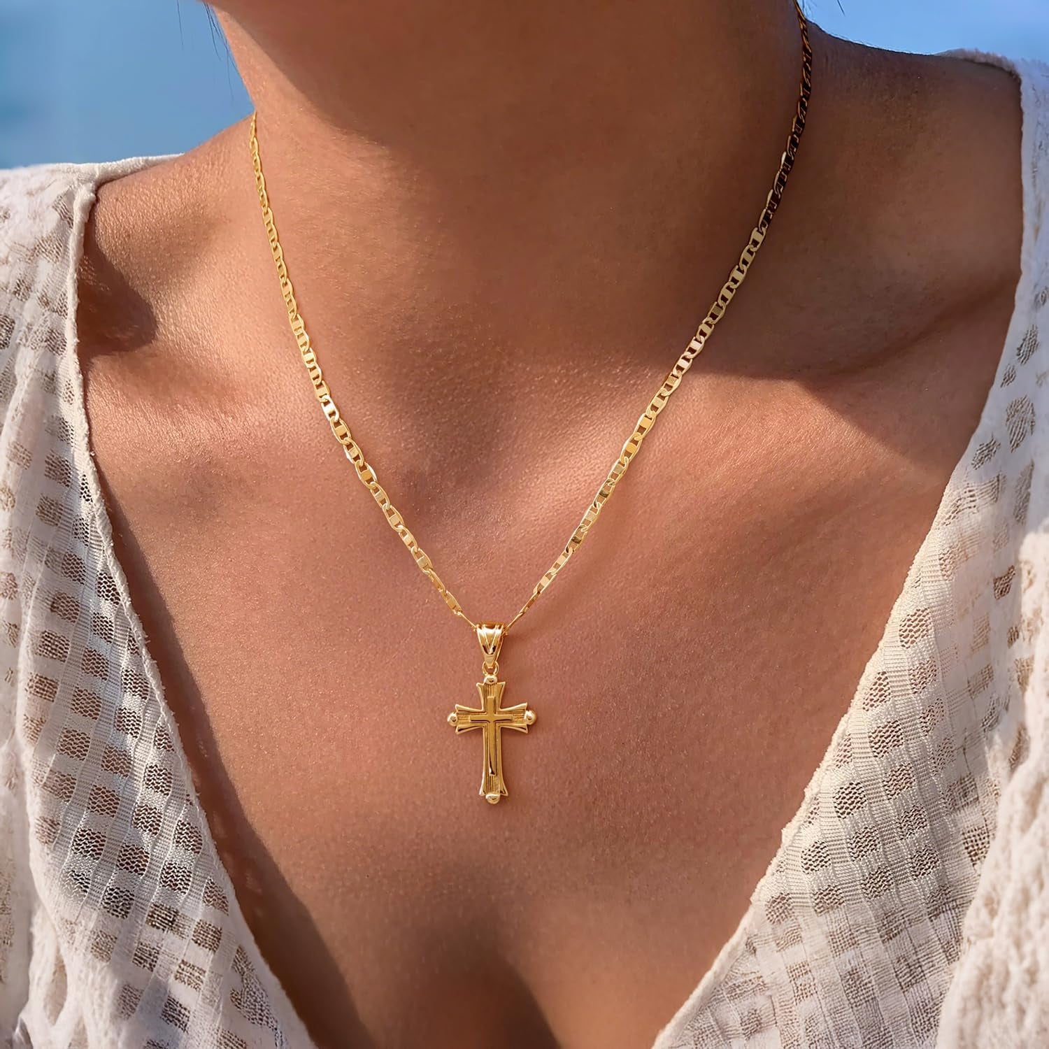 Cross Necklace for Women 14K Gold Cross Necklaces for Women Double Cross Pendant Gold Cross Chain Non - Tarnish Cross Jewelry Womens Gifts 48Cm Mariner Chain - WORLD TIME VISITS