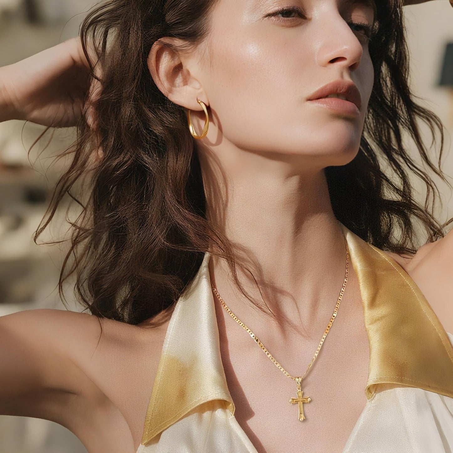 Cross Necklace for Women 14K Gold Cross Necklaces for Women Double Cross Pendant Gold Cross Chain Non-Tarnish Cross Jewelry Womens Gifts 48Cm Mariner Chain