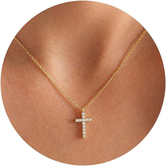 Cross Necklace for Women, 14K Gold Plated Cross Pendant Dainty Layered Chain Necklace Jewelry Gifts - WORLD TIME VISITS
