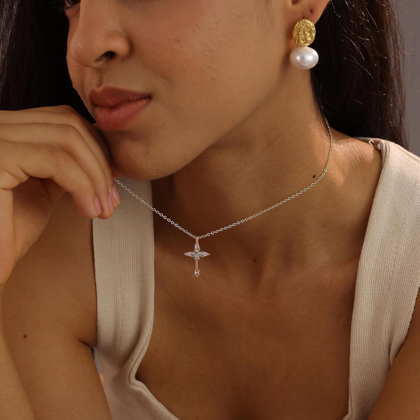 Cross Necklace for Women, 14K Gold Plated/Silver Chunky Cross Necklace Simple Faith Charm Necklaces Statement Crucifix Pendant Necklaces for Women Trendy Gold Jewelry Gifts