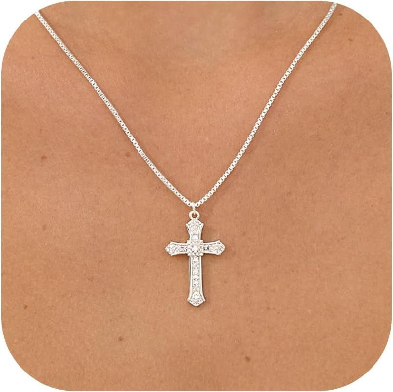 Cross Necklace for Women - 14K Gold/White Gold Plated Simple Dainty Diamond Cross Pendant Necklace with Cubic Zirconia Jewelry Gift for Her - WORLD TIME VISITS