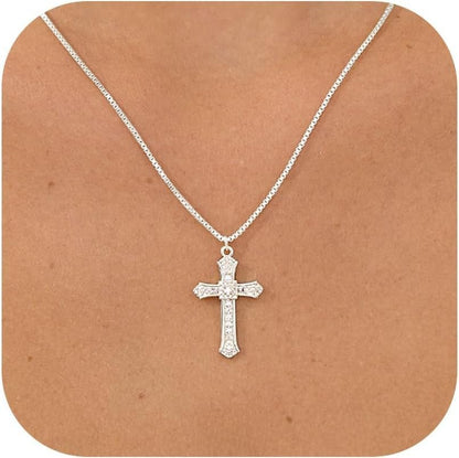 Cross Necklace for Women - 14K Gold/White Gold Plated Simple Dainty Diamond Cross Pendant Necklace with Cubic Zirconia Jewelry Gift for Her - WORLD TIME VISITS