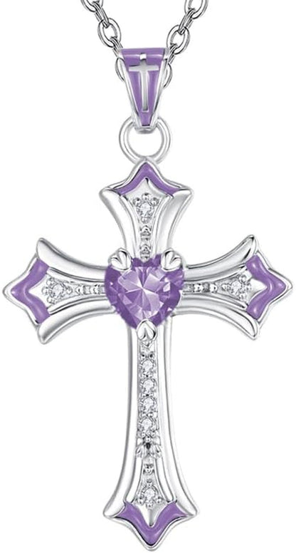 Cross Necklace for Women 18K White Gold Plated Heart CZ Birthstone Cross Faith Pendant Necklaces Religious Christian Jewelry Anniversary Birthday Mother'S Day Gifts for Women - WORLD TIME VISITS