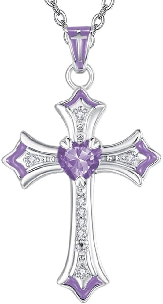 Cross Necklace for Women 18K White Gold Plated Heart CZ Birthstone Cross Faith Pendant Necklaces Religious Christian Jewelry Anniversary Birthday Mother'S Day Gifts for Women - WORLD TIME VISITS