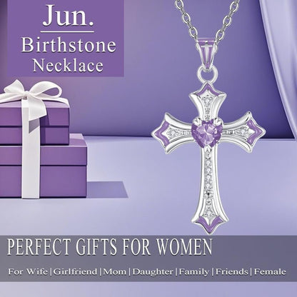 Cross Necklace for Women 18K White Gold Plated Heart CZ Birthstone Cross Faith Pendant Necklaces Religious Christian Jewelry Anniversary Birthday Mother'S Day Gifts for Women