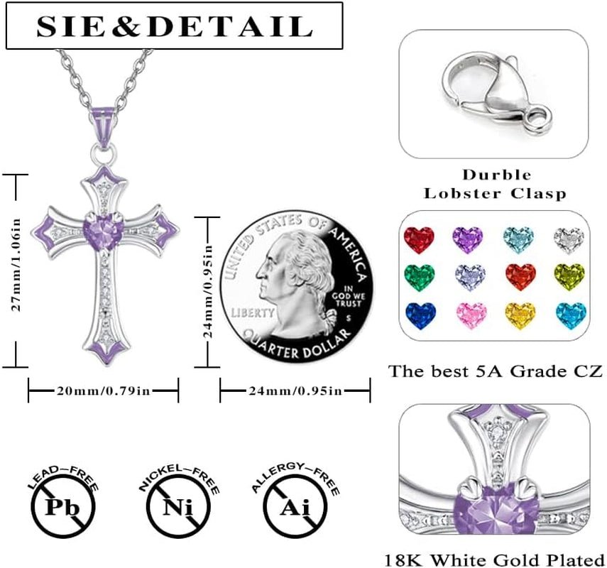 Cross Necklace for Women 18K White Gold Plated Heart CZ Birthstone Cross Faith Pendant Necklaces Religious Christian Jewelry Anniversary Birthday Mother'S Day Gifts for Women