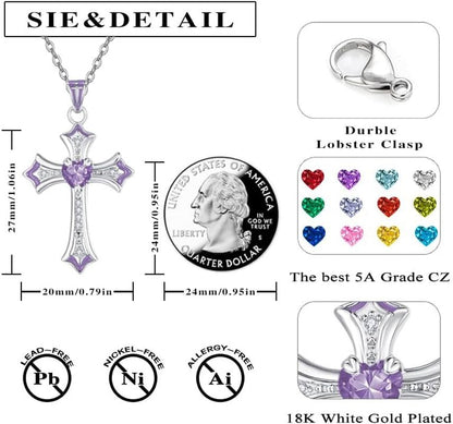 Cross Necklace for Women 18K White Gold Plated Heart CZ Birthstone Cross Faith Pendant Necklaces Religious Christian Jewelry Anniversary Birthday Mother'S Day Gifts for Women