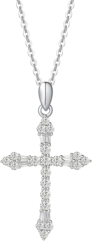 Cross Necklace for Women 925 Solid Sterling Silver Cubic Zirconia Flower Budded Cross Princess Pendant for Women, 18" Extender