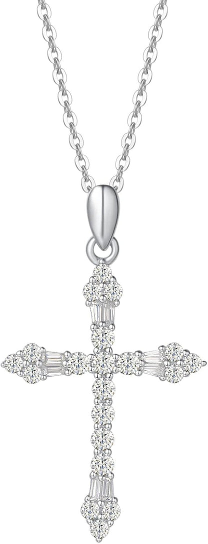 Cross Necklace for Women 925 Solid Sterling Silver Cubic Zirconia Flower Budded Cross Princess Pendant for Women, 18" Extender - WORLD TIME VISITS
