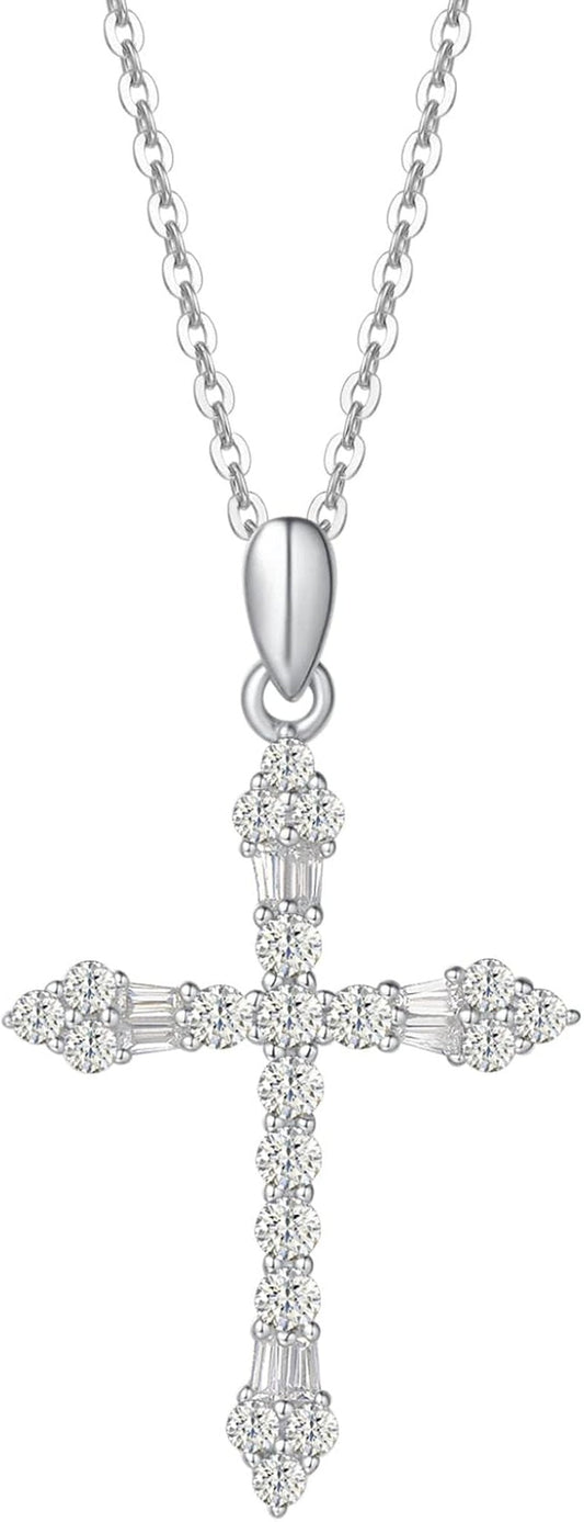 Cross Necklace for Women 925 Solid Sterling Silver Cubic Zirconia Flower Budded Cross Princess Pendant for Women, 18" Extender - WORLD TIME VISITS