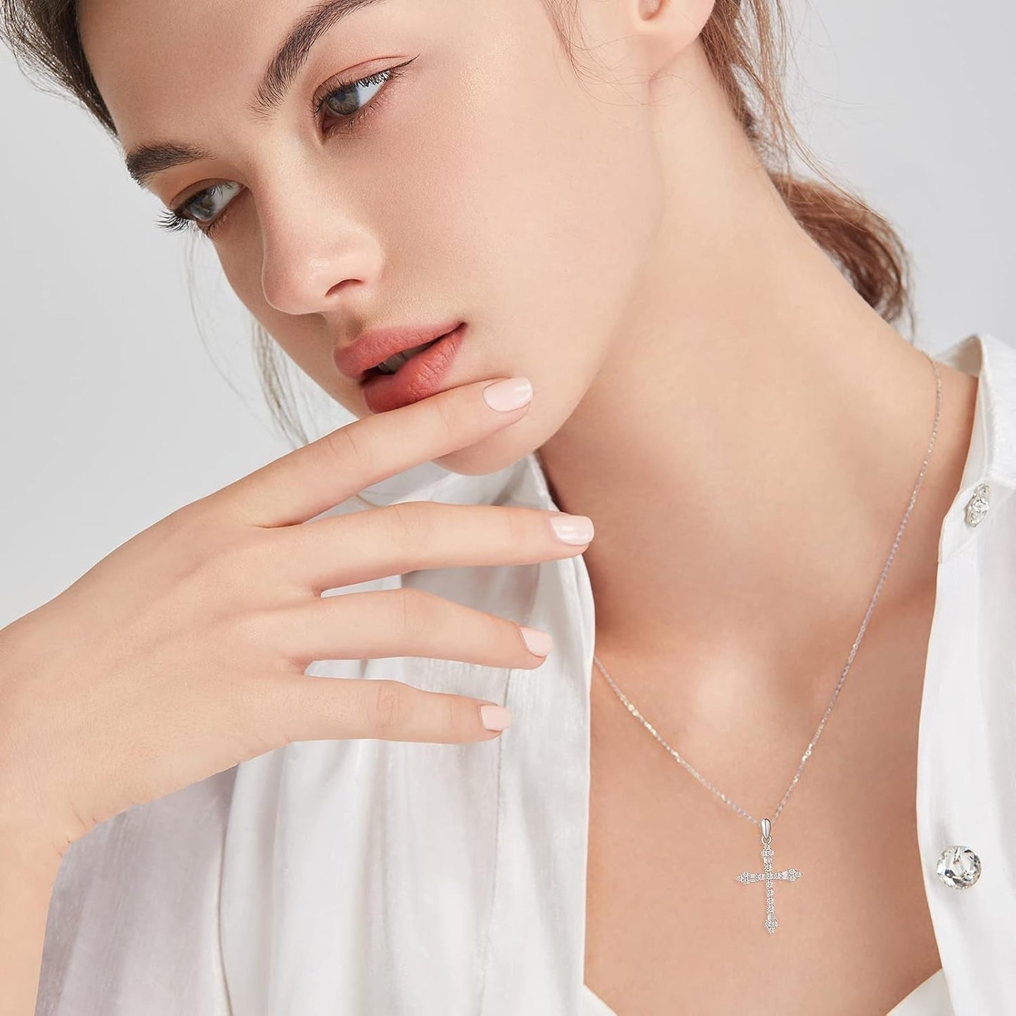 Cross Necklace for Women 925 Solid Sterling Silver Cubic Zirconia Flower Budded Cross Princess Pendant for Women, 18" Extender - WORLD TIME VISITS