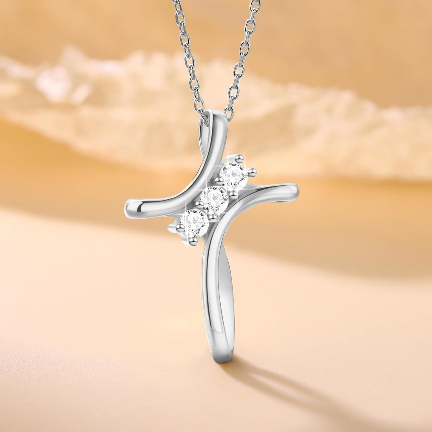 Cross Necklace for Women, 925 Sterling Silver 18K Gold Plated Diamond Necklace for Women, Cross Pendant with 3 Stone 5A Cubic Zirconia, Birthday Christmas Jewelry Gifts for Women Her, 20 Inches