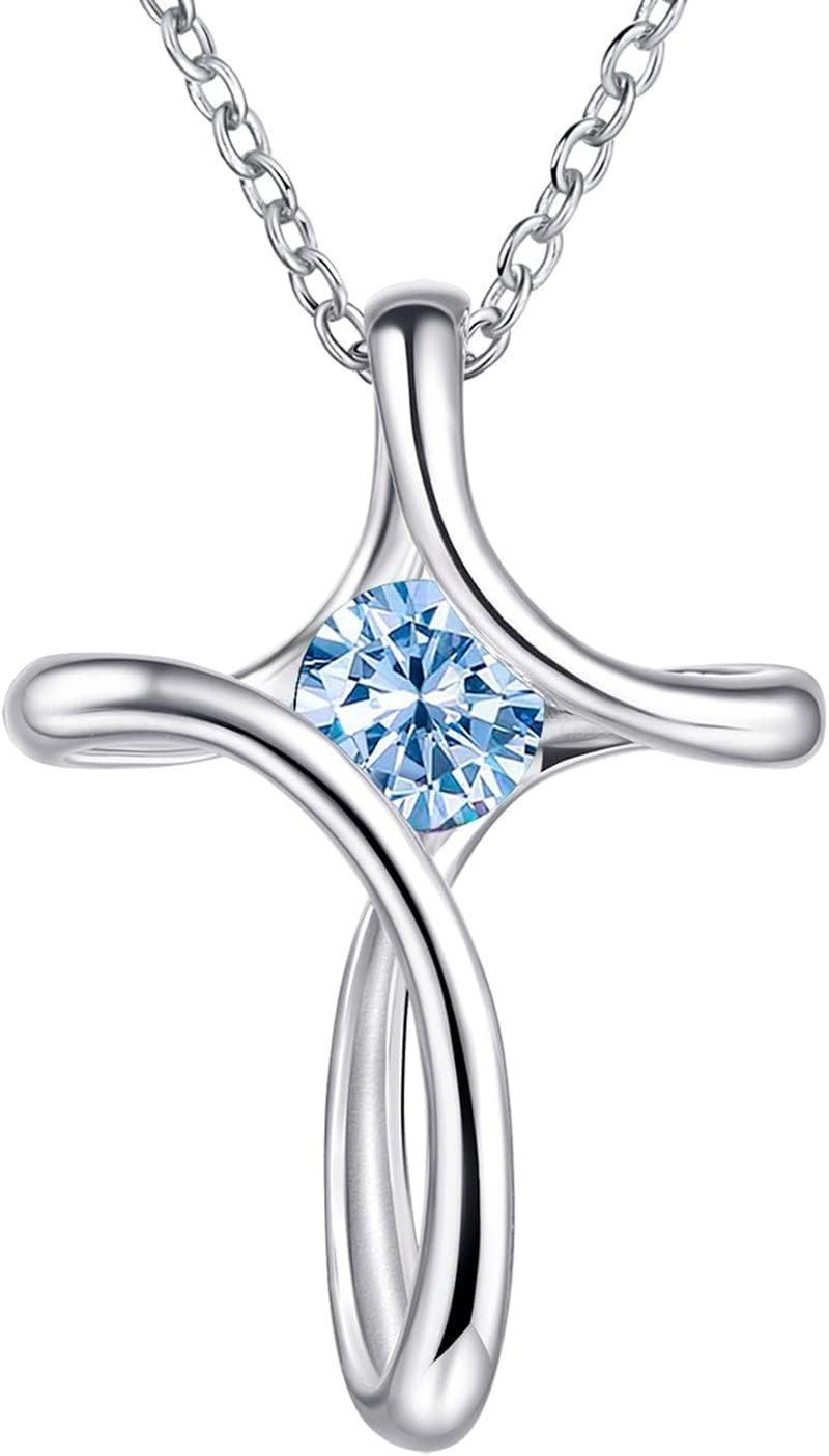 Cross Necklace for Women, 925 Sterling Silver Birthstone Necklace for Women with Diamond Sideways Cross Necklace Birthstone Jewelry Birthday Gifts for Women - WORLD TIME VISITS