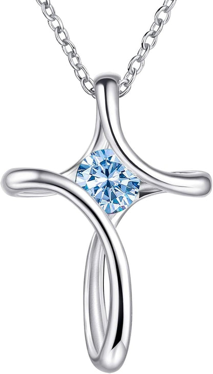 Cross Necklace for Women, 925 Sterling Silver Birthstone Necklace for Women with Diamond Sideways Cross Necklace Birthstone Jewelry Birthday Gifts for Women - WORLD TIME VISITS