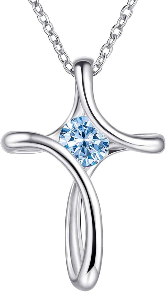 Cross Necklace for Women, 925 Sterling Silver Birthstone Necklace for Women with Diamond Sideways Cross Necklace Birthstone Jewelry Birthday Gifts for Women - WORLD TIME VISITS