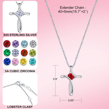Cross Necklace for Women, 925 Sterling Silver Birthstone Necklace for Women with Diamond Sideways Cross Necklace Birthstone Jewelry Birthday Gifts for Women