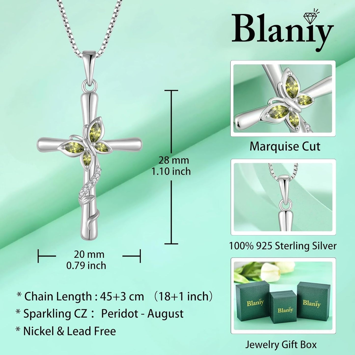 Cross Necklace for Women 925 Sterling Silver Butterfly Necklace Birthstone Created Gemstone Pendant Jewelry Gifts for Women - WORLD TIME VISITS