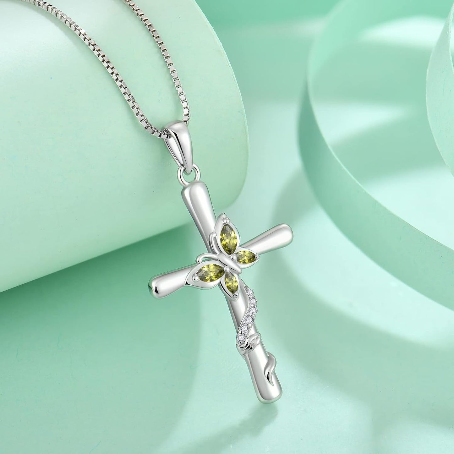 Cross Necklace for Women 925 Sterling Silver Butterfly Necklace Birthstone Created Gemstone Pendant Jewelry Gifts for Women