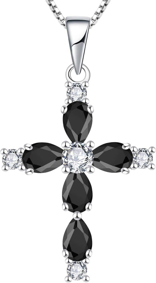 Cross Necklace for Women 925 Sterling Silver Halo Gemstone Pendant Birthstone Religious Jewelry for Mom - WORLD TIME VISITS