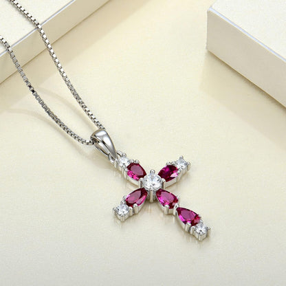 Cross Necklace for Women 925 Sterling Silver Halo Gemstone Pendant Birthstone Religious Jewelry for Mom