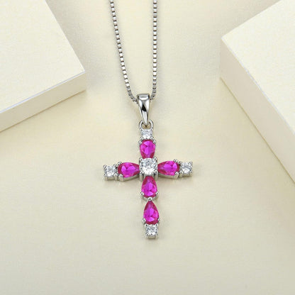 Cross Necklace for Women 925 Sterling Silver Halo Gemstone Pendant Birthstone Religious Jewelry for Mom
