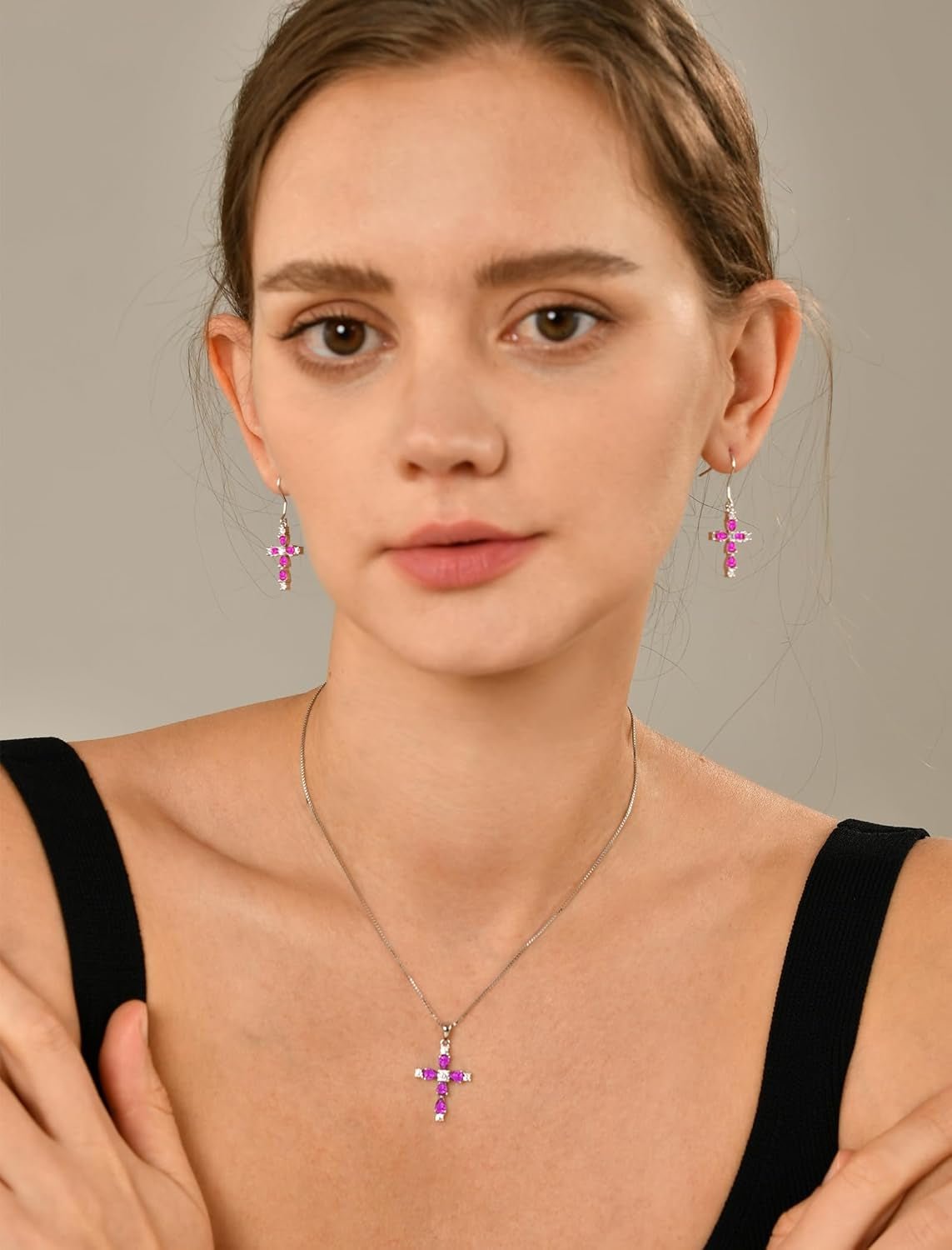 Cross Necklace for Women 925 Sterling Silver Halo Gemstone Pendant Birthstone Religious Jewelry for Mom - WORLD TIME VISITS