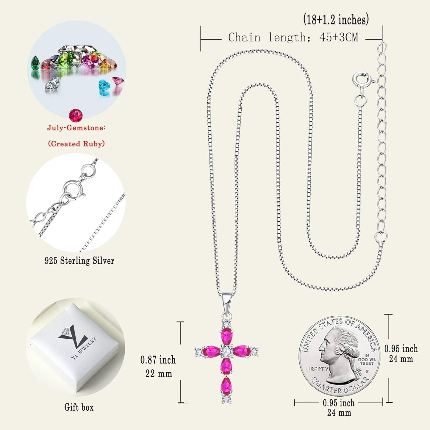 Cross Necklace for Women 925 Sterling Silver Halo Gemstone Pendant Birthstone Religious Jewelry for Mom