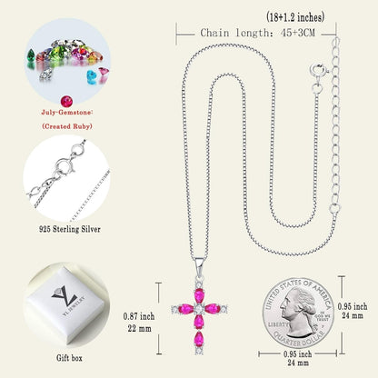 Cross Necklace for Women 925 Sterling Silver Halo Gemstone Pendant Birthstone Religious Jewelry for Mom