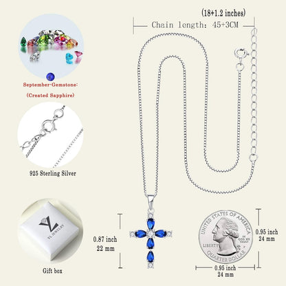 Cross Necklace for Women 925 Sterling Silver Halo Gemstone Pendant Birthstone Religious Jewelry for Mom