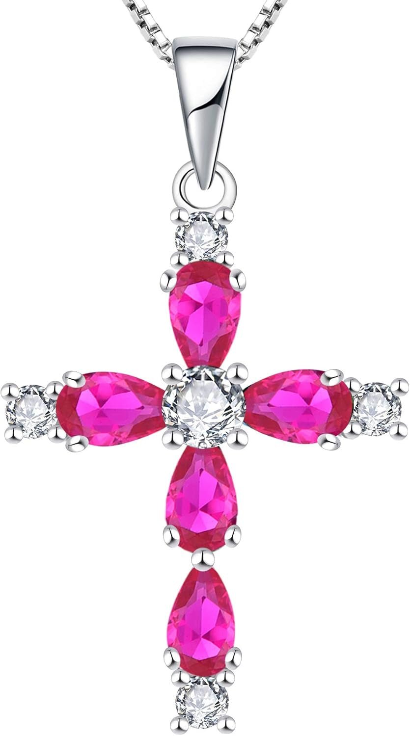 Cross Necklace for Women 925 Sterling Silver Halo Gemstone Pendant Birthstone Religious Jewelry for Mom - WORLD TIME VISITS