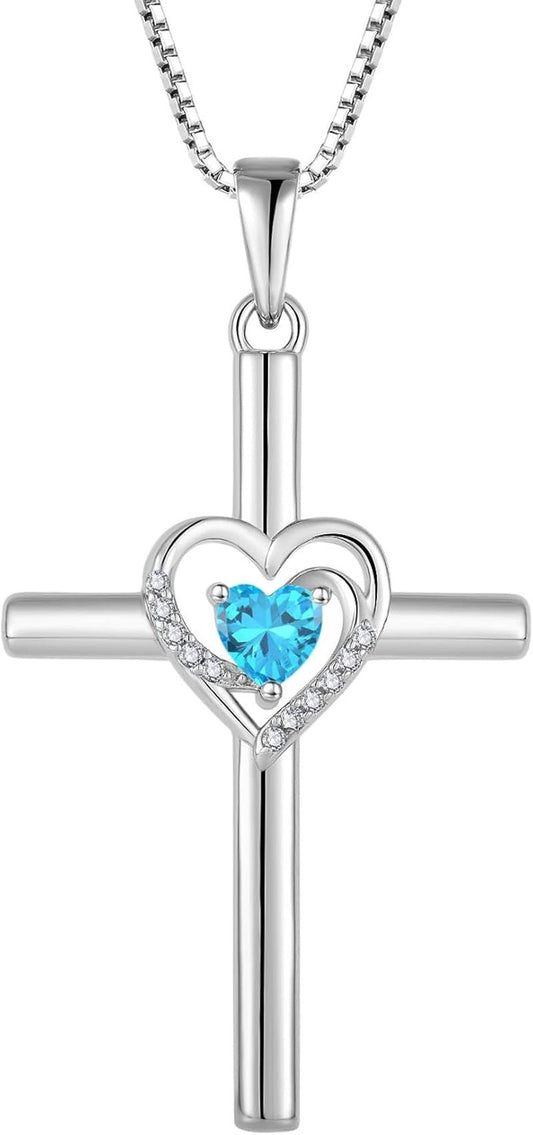 Cross Necklace for Women 925 Sterling Silver Heart Birthstone Pendant Necklace Crucifix Religious Gemstone Jewelry Gift for Women Her Mom Wife Daughter - WORLD TIME VISITS