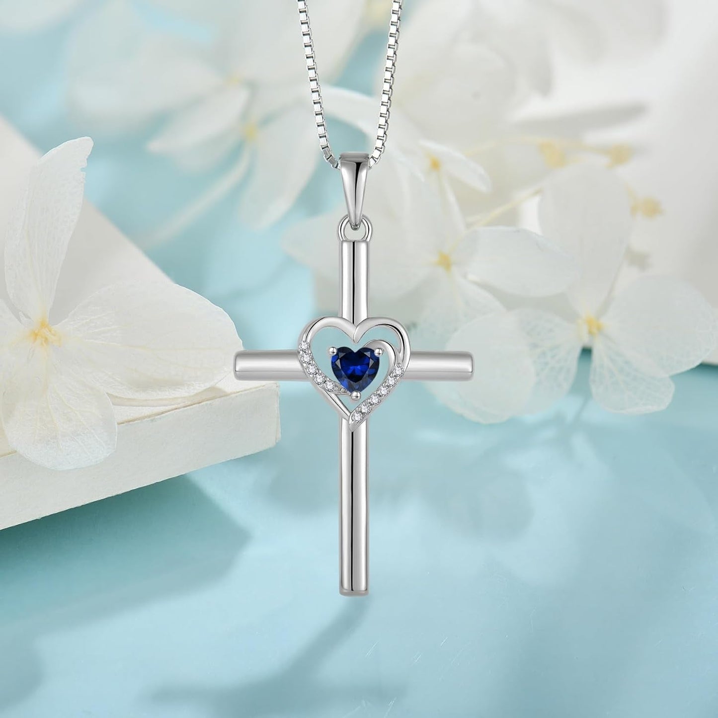 Cross Necklace for Women 925 Sterling Silver Heart Birthstone Pendant Necklace Crucifix Religious Gemstone Jewelry Gift for Women Her Mom Wife Girlfriend Daughter