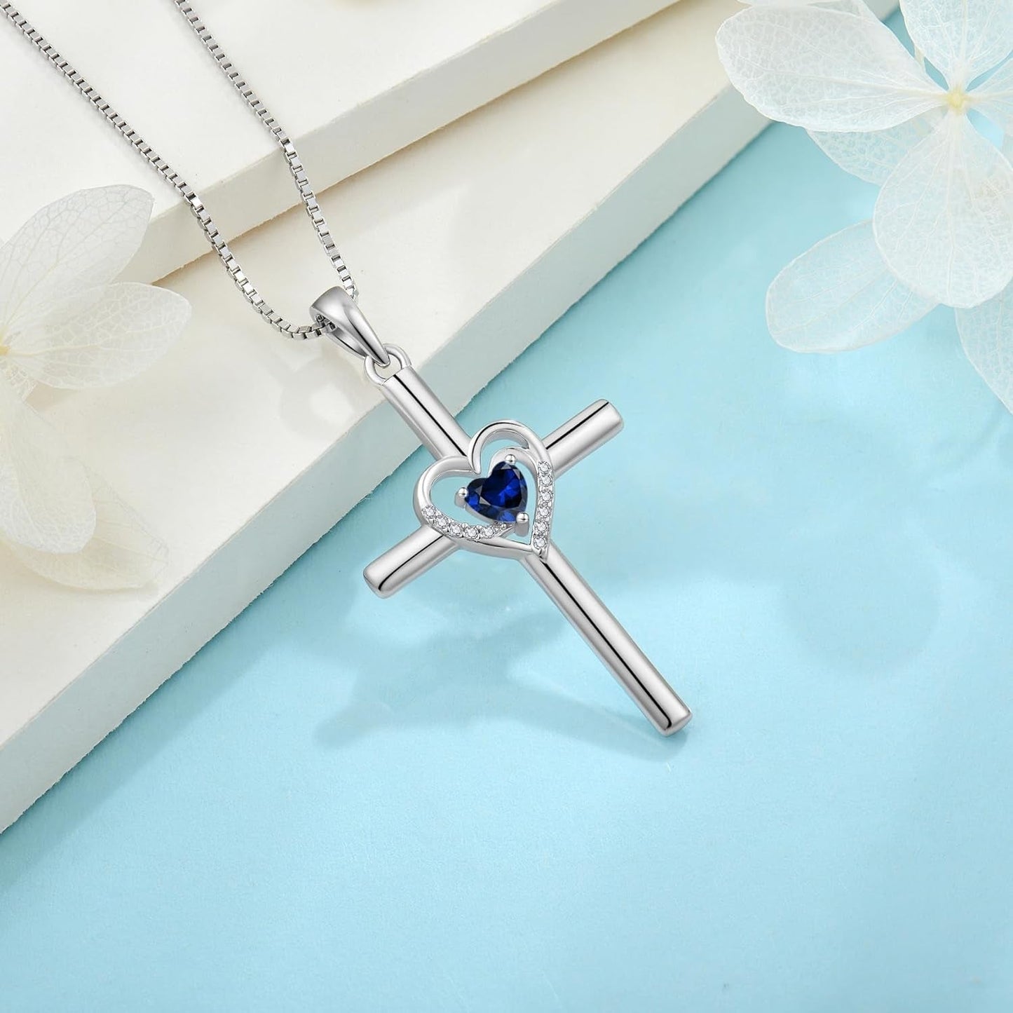 Cross Necklace for Women 925 Sterling Silver Heart Birthstone Pendant Necklace Crucifix Religious Gemstone Jewelry Gift for Women Her Mom Wife Girlfriend Daughter