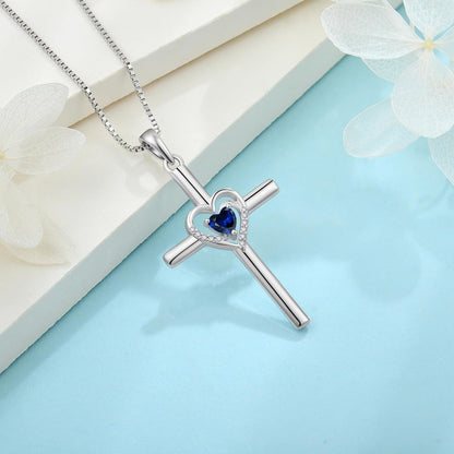 Cross Necklace for Women 925 Sterling Silver Heart Birthstone Pendant Necklace Crucifix Religious Gemstone Jewelry Gift for Women Her Mom Wife Girlfriend Daughter