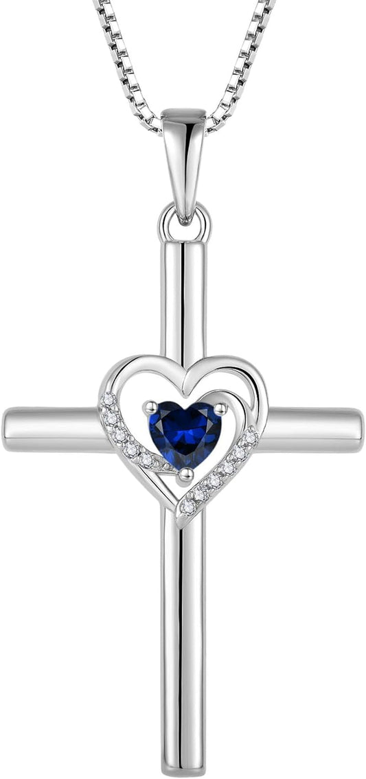 Cross Necklace for Women 925 Sterling Silver Heart Birthstone Pendant Necklace Crucifix Religious Gemstone Jewelry Gift for Women Her Mom Wife Girlfriend Daughter - WORLD TIME VISITS