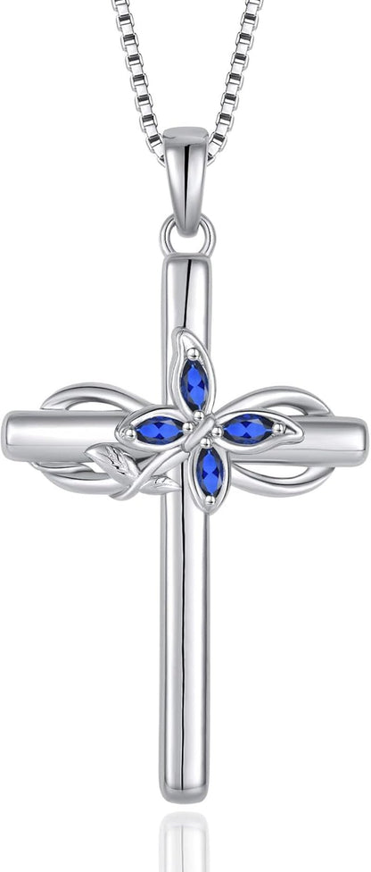 Cross Necklace for Women 925 Sterling Silver Infinity Butterfly Cross Pendant Necklace Birthstone Jewelry Gifts for Her - WORLD TIME VISITS