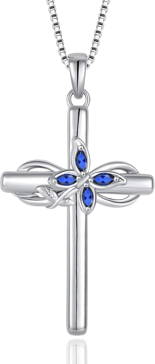 Cross Necklace for Women 925 Sterling Silver Infinity Butterfly Cross Pendant Necklace Birthstone Jewelry Gifts for Her - WORLD TIME VISITS