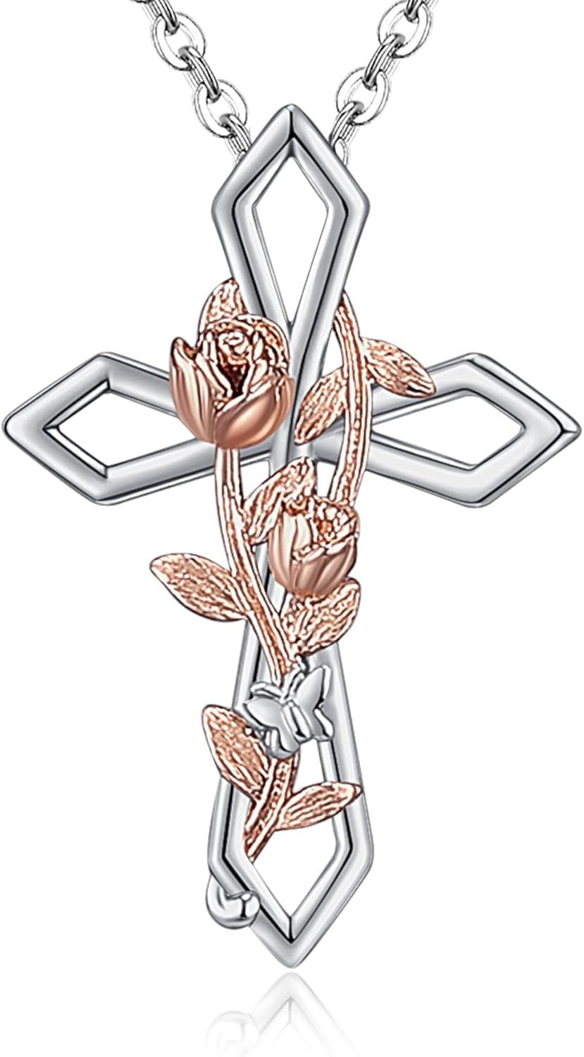 Cross Necklace for Women 925 Sterling Silver Rose/Sunflower/Lily/Daisy/Heart/Dove Cross Infinity Necklace Dainty Sunshine Love Pendant Necklaces for Your Lover 19 to 20 Inches Flexible Fit Necklace - WORLD TIME VISITS